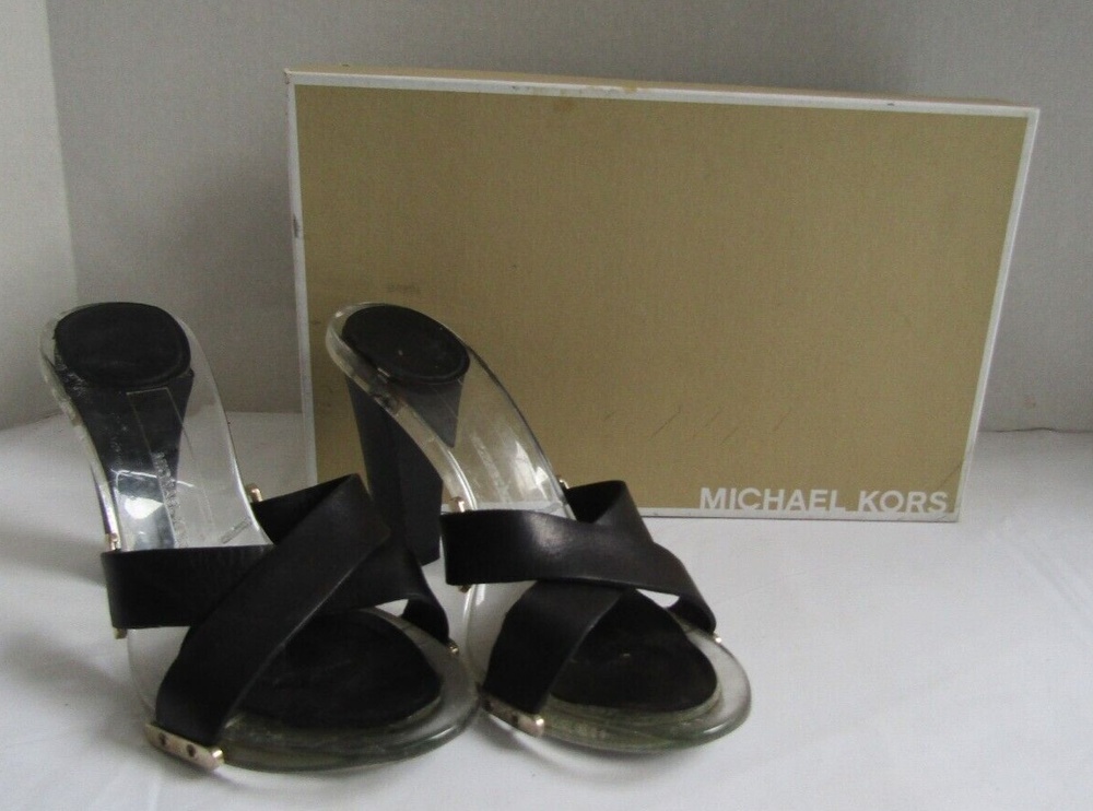 Michael Kors Black Leather Lucite Heels Chic Y2K Slide Sandals 6.5 - Picture 2 of 13
